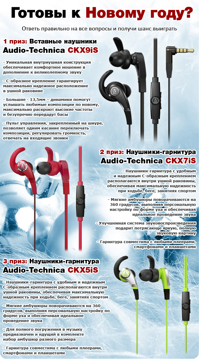 Призы от Audio-Technica: вставные наушники Audio-Technica ATH-CKX9iS, наушники-гарнитура Audio-Technica ATH-CKX7iS и наушники-гарнитура Audio-Technica ATH-CKX5iS