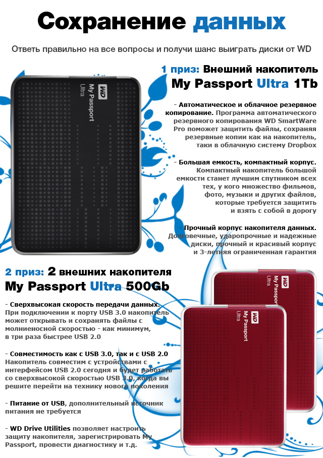 Призы от Western Digital: внешний накопитель WD My Passport Ultra 1TB и два внешних накопителя WD My Passport Ultra 500Gb